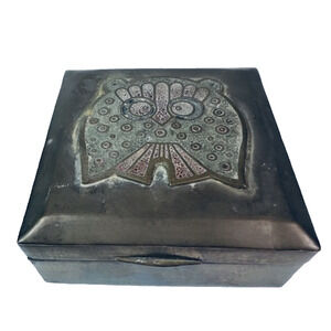 MCM Brass & Wood Trinket/Jewelry Box- w/Inlaid Owl Motif Emblem Lid India VTG